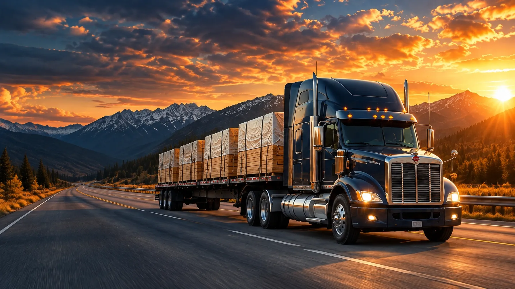 Flatbed truck carrying lumber through the Western mountains at sunset