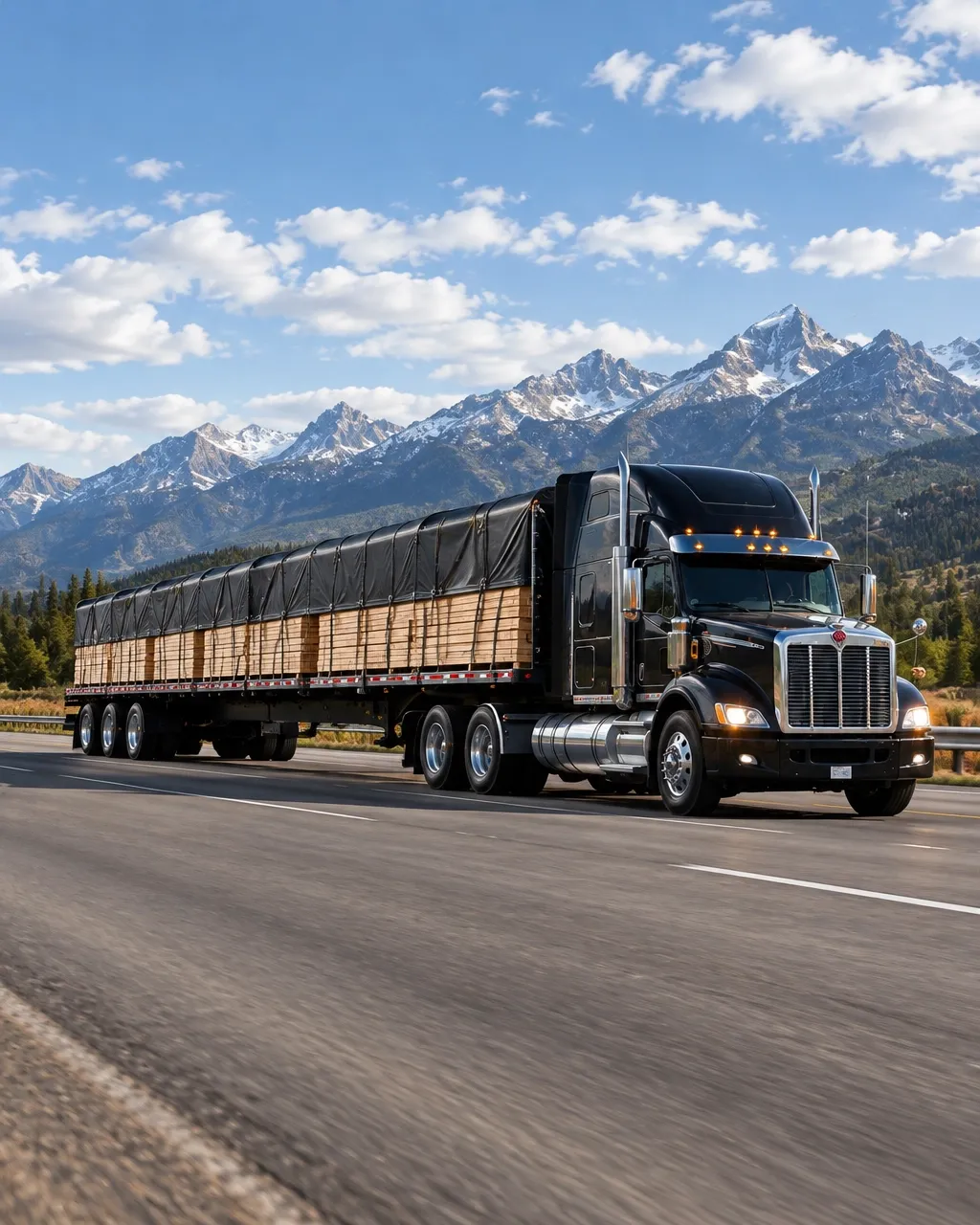 Conestoga open-deck trailer on a western route