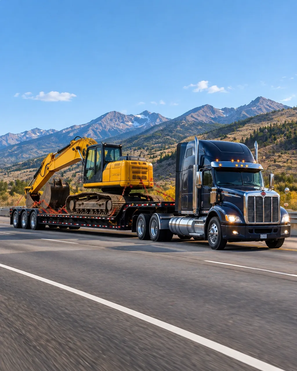 Step-deck trailer transporting construction equipment